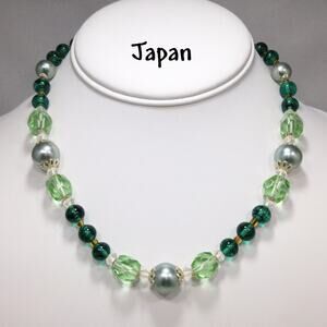 Vintage Japanese Green Crystal Bead Necklace, Faux Pearls, 1950s Jewelry